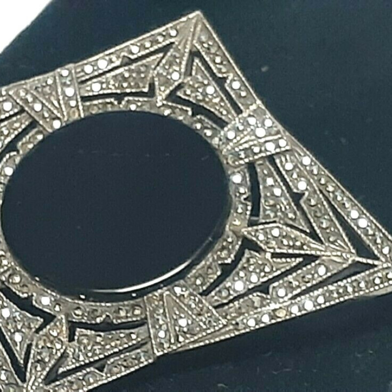 Vintage Sterling  Marcasite Black Centered  Stone  Diamond Shaped Brooch Pin