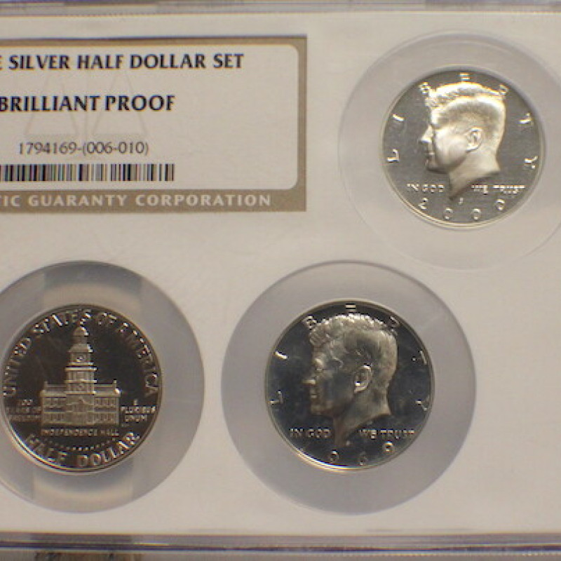 5- PIECE SILVER HALF DOLLAR SET BRILLANT PROOF 2 COINS ROTATED 