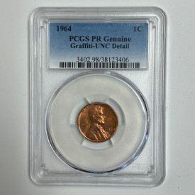 1964 PCGS Lincoln Memorial Penny 1C Genuine Graffiti-UNC Detail