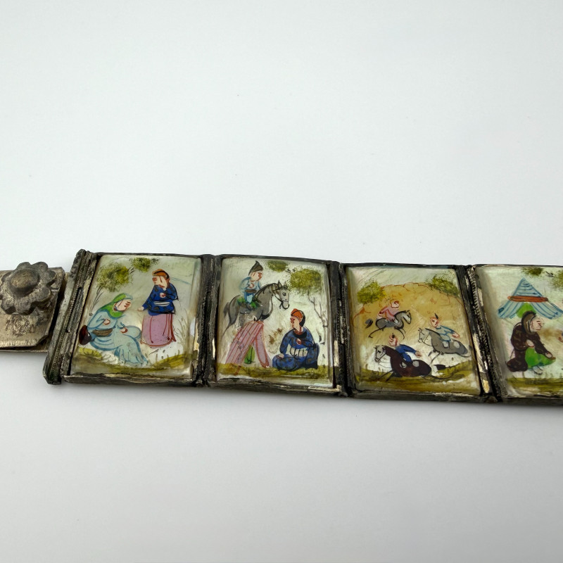 Vintage Antique Persian Miniature Painting Mother of Pearl Silver Bracelet
