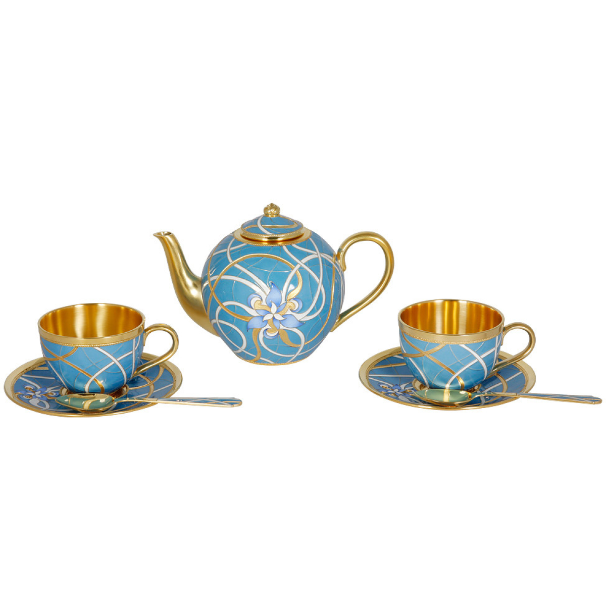 Russian silver 925 & 24k Gold Plated Teapot & 2 Teacups Enamel Filigree
