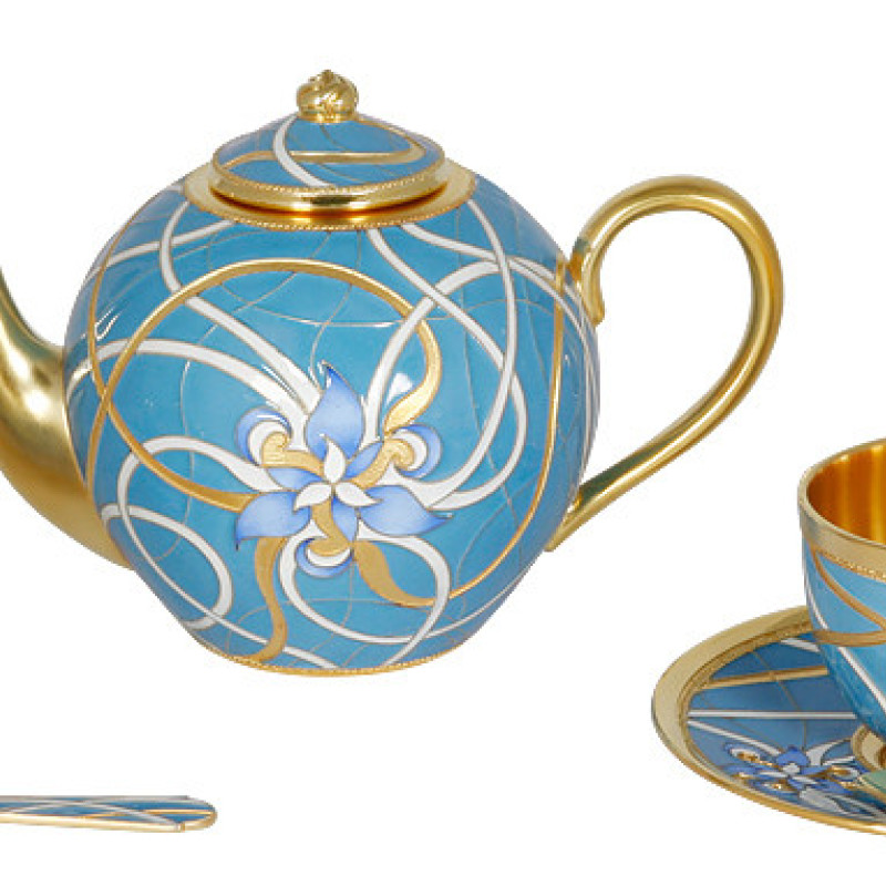 Russian silver 925 & 24k Gold Plated Teapot & 2 Teacups Enamel Filigree