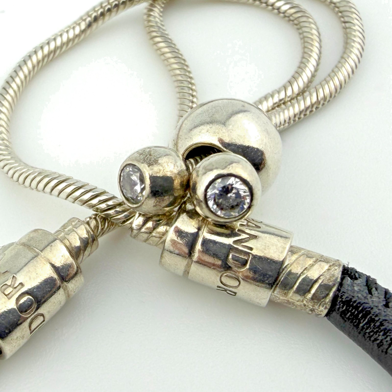 Authentic Pandora Black Leather Adjustable Sliding Bracelet with Sterling Silver