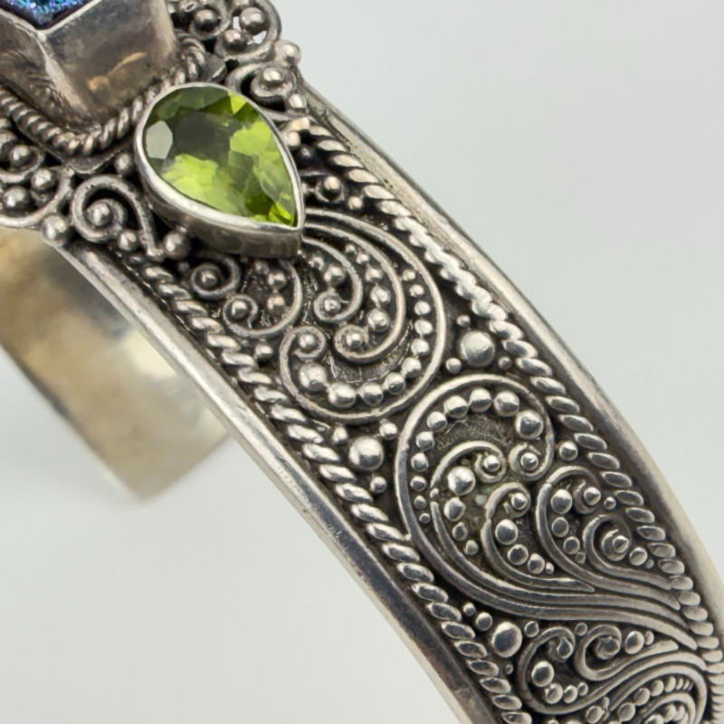 Rare Sarda Artisan Collection Of Bali Paraiba Silver Cuff Bracelet with Cross