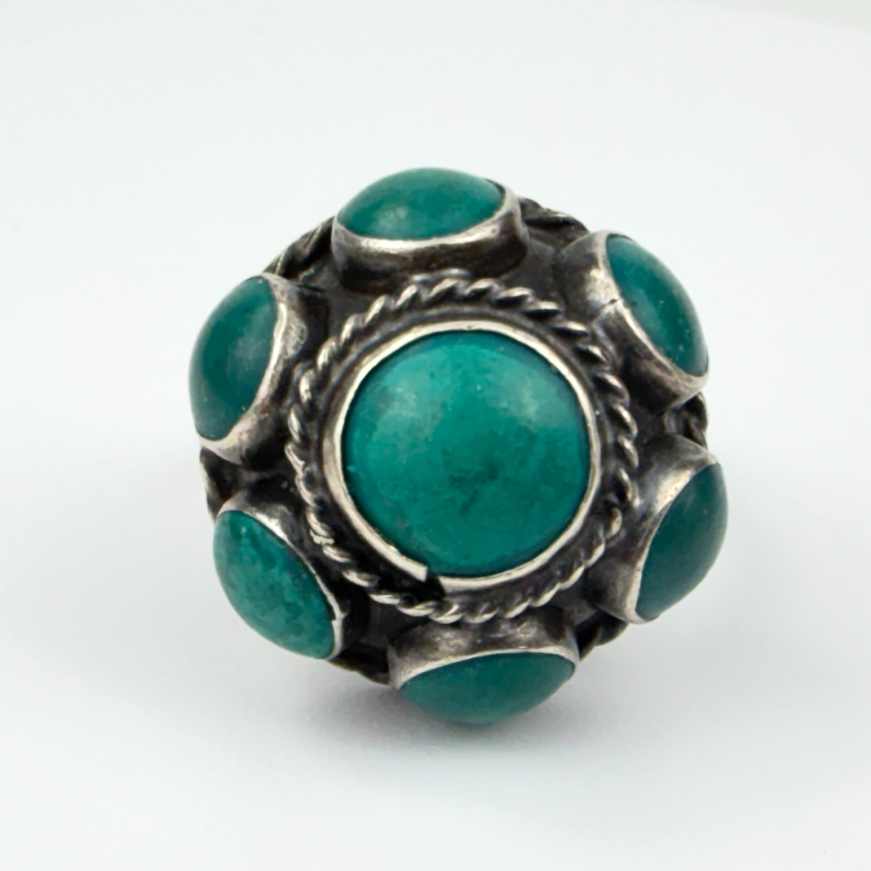 Vintage Mexican Sterling Silver 925 Turquoise Dome Ring Adjustable