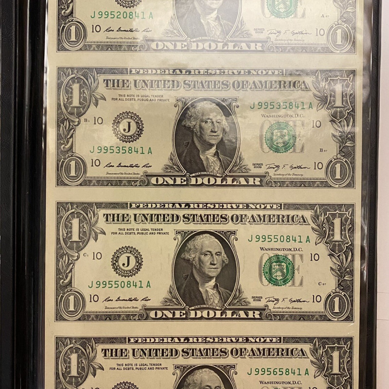 Uncut Sheet 2009 One Dollar Bills. $1 U.S. Banker's Vault Fed Portfolio Sheet