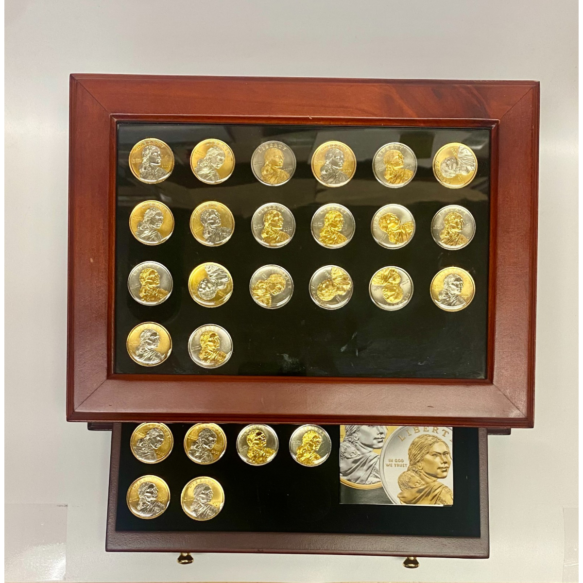 Lot Of 34 Rare Platinum and Gold Highlighted Sacagawea Dollars Box & COA