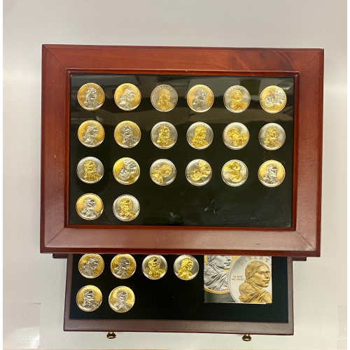 Lot Of 34 Rare Platinum and Gold Highlighted Sacagawea Dollars Box & COA