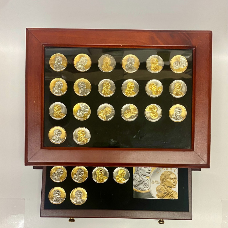 Lot Of 34 Rare Platinum and Gold Highlighted Sacagawea Dollars Box & COA
