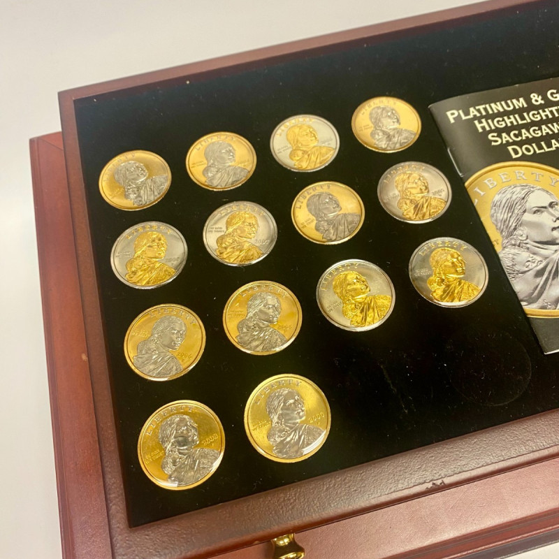 Lot Of 34 Rare Platinum and Gold Highlighted Sacagawea Dollars Box & COA