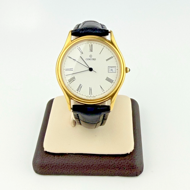 Vintage Concord 14K Gold 33mm Dress Watch Black Leather Strap
