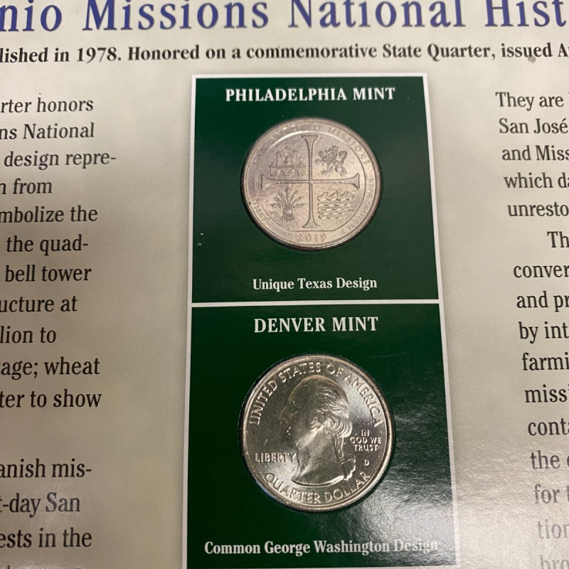 2019 Texas San Antonio Missions Quarter P&D w/ 2 Stamps Display Card