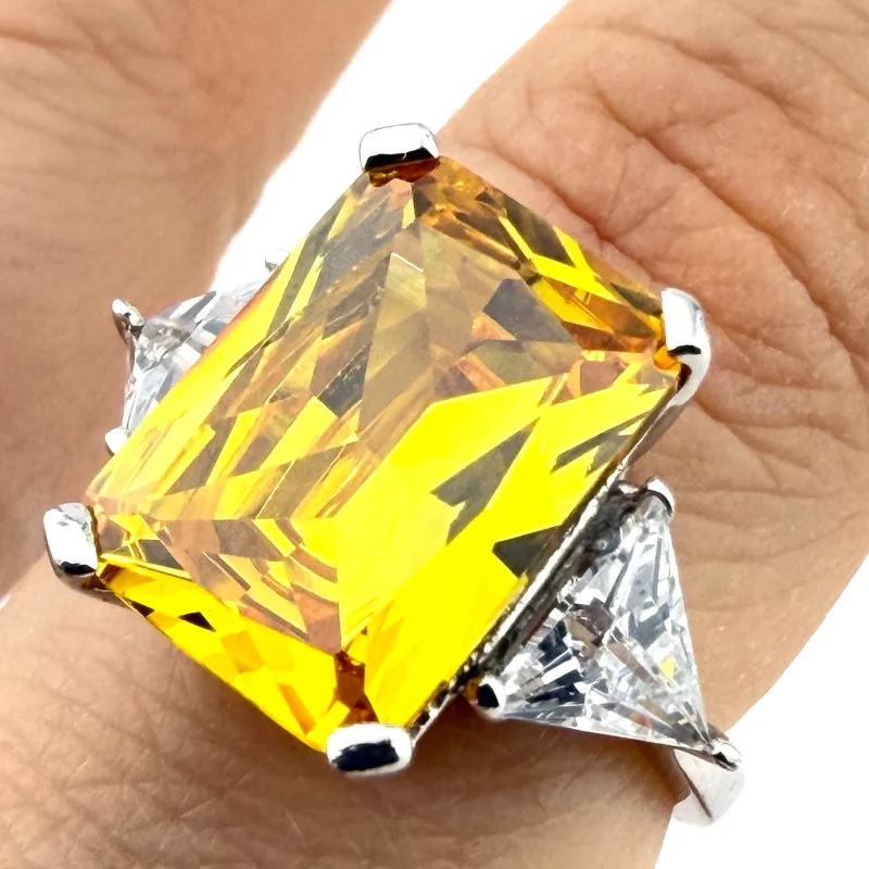 925 Silver Yellow CZ Stone Ring Emerald Cut Center Trillion Sides Sz 7