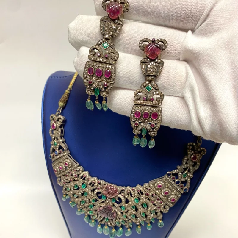 Antique Handmade Necklace and Earrings Diamond Tourmaline Ruby Emerald Sapphire