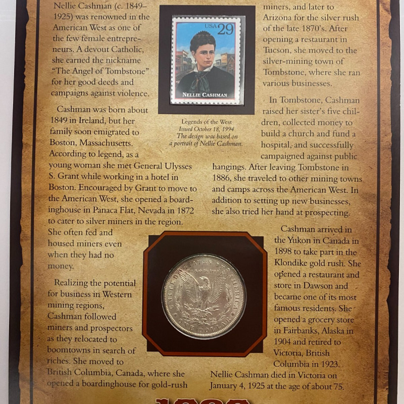 1898 Morgan Silver Dollar Legends of the West with "Nellie Cashman" Stamp