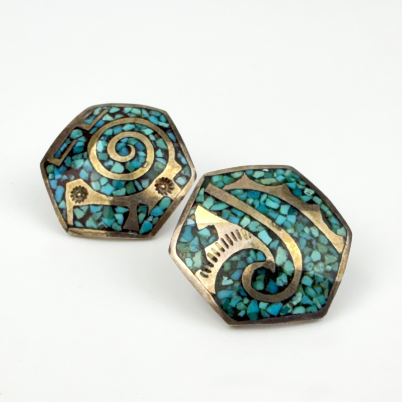 Unique Native American Style Mosaic Turquoise Hexagonal Stud Earrings Silver