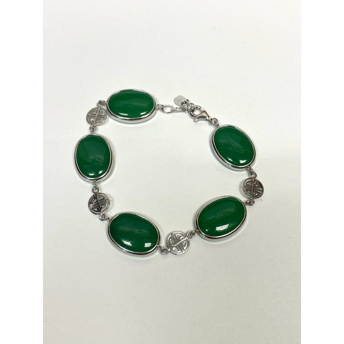 GREEN JADE STONE 925 STERLING SILVER LINK CHAIN BRACELET 7"