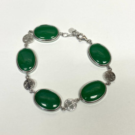 GREEN JADE STONE 925 STERLING SILVER LINK CHAIN BRACELET 7"