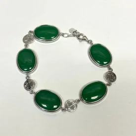 GREEN JADE STONE 925 STERLING SILVER LINK CHAIN BRACELET 7"