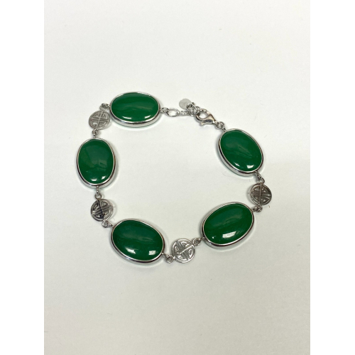 GREEN JADE STONE 925 STERLING SILVER LINK CHAIN BRACELET 7"