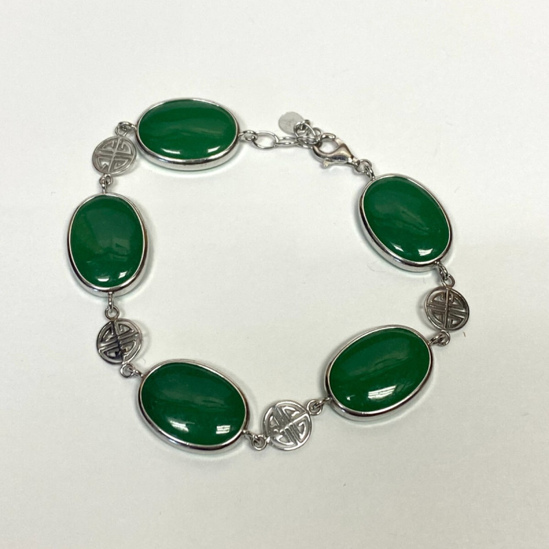 GREEN JADE STONE 925 STERLING SILVER LINK CHAIN BRACELET 7" GREEN JADE STONE 925 STERLING SILVER LINK CHAIN BRACELET 7"