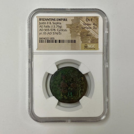 565-578 AD BYZANTINE EMPIRE AE FOLLIS JUSTIN II & Sophia