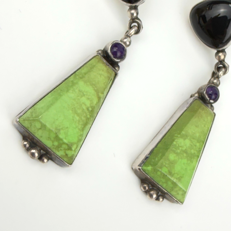 Vintage Sterling Silver DEL Earrings Green Turquoise Onyx Amethyst Dangle