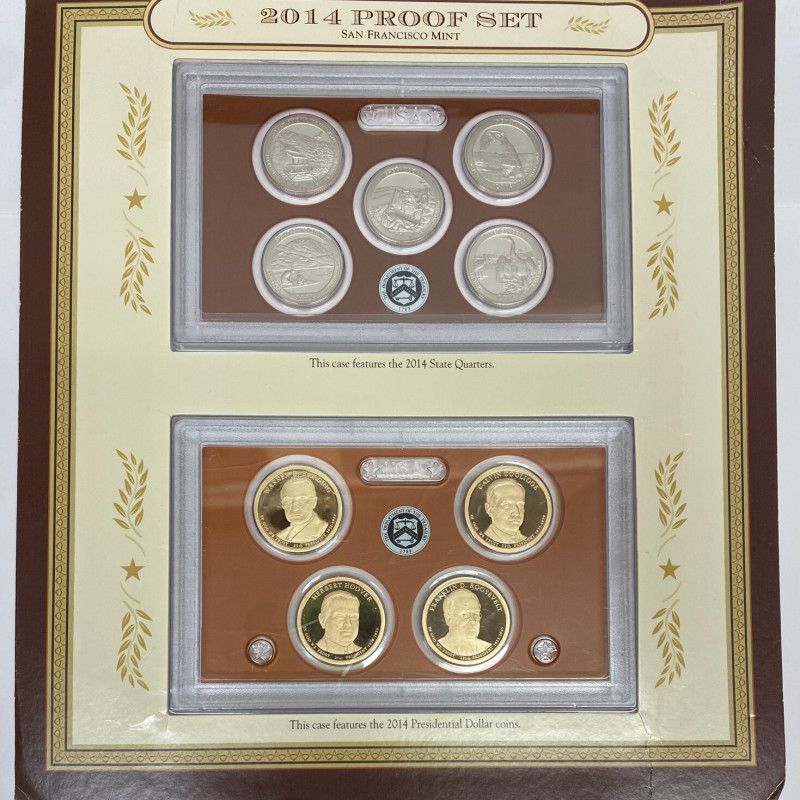 2014 Proof set San Francisco mint, 9 coins, two cases with 1$ and Quarter Dollar