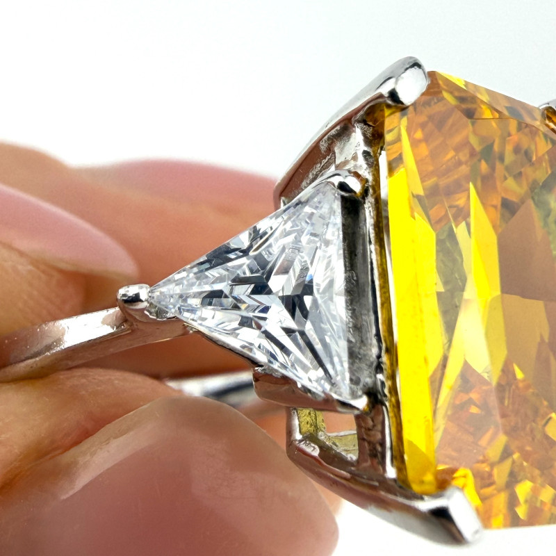 925 Silver Yellow CZ Stone Ring Emerald Cut Center Trillion Sides Sz 7