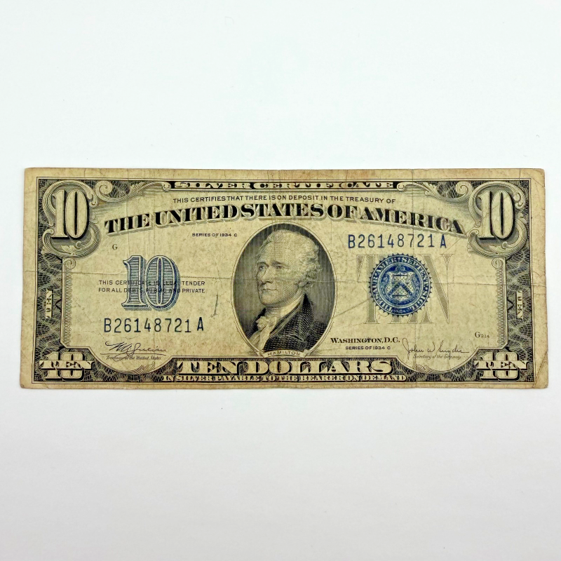 1934-C $10 Silver Certificate Blue Seal Note New York B