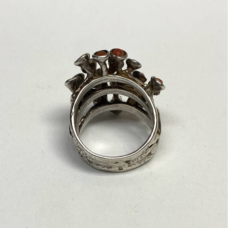 Vintage Designed Coral Stones & Diamond  Sterling Silver 925   Woman Ring Size 7