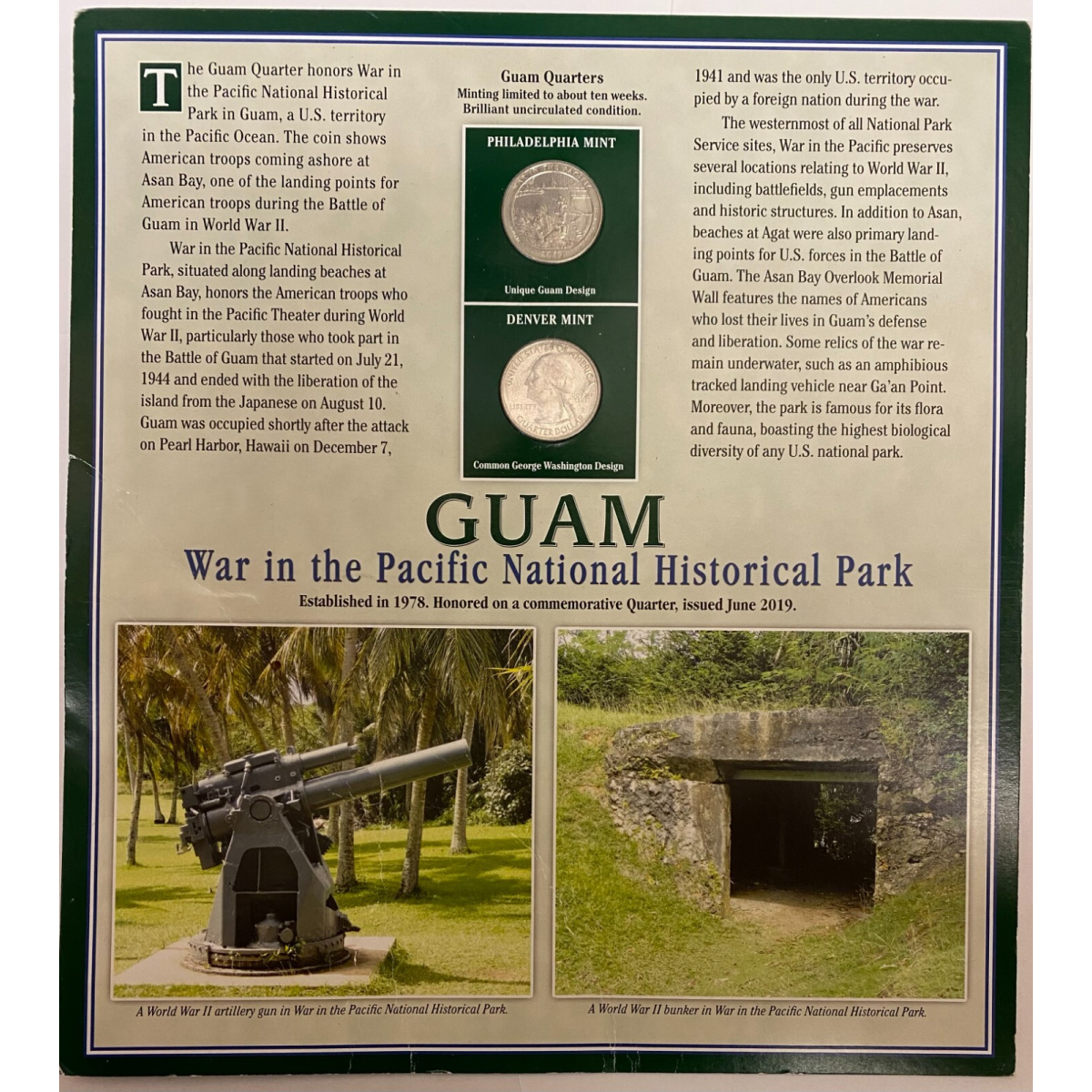 2019 P+D W. Guam War in the Pacific National Historical Park Quarters + 2 Stamps