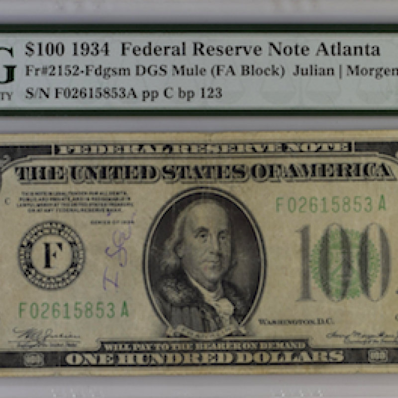 1934 FEDERAL Reserve NOTE ATLANTA 25 very fine FR# 2152-FDGSM DGS MULE FA BLOCK 