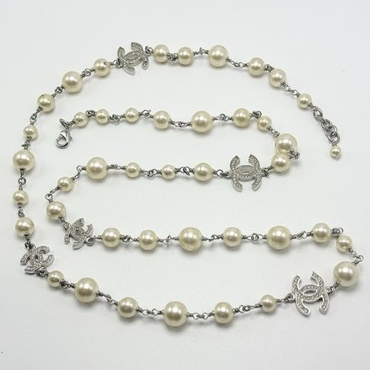 CHANEL A14V 5 CC Crystal Faux Pearl Long Necklace Silver Tone w/ Box - CHANEL