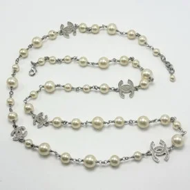 CHANEL A14V 5 CC Crystal Faux Pearl Long Necklace Silver Tone w/ Box