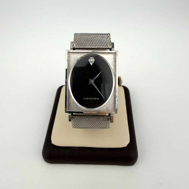 Vintage 1960 Longines Rectangular Black Dial 10K Gold Filled Mesh Bracelet Watch