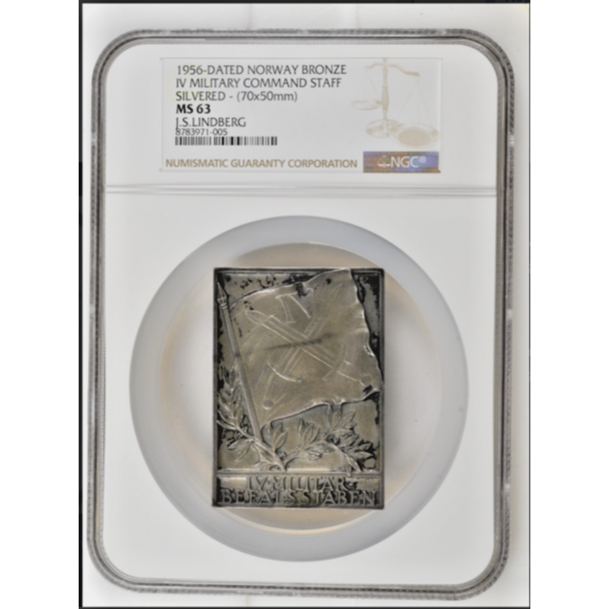 1956-Dated Norway Bronze IV Military Command Staff Silvered-(70x50mm) NGC MS 63