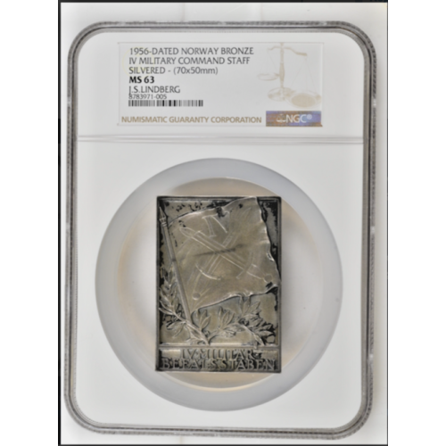 1956-Dated Norway Bronze IV Military Command Staff Silvered-(70x50mm) NGC MS 63 1956-Dated Norway Bronze IV Military Command Staff Silvered-(70x50mm) NGC MS 63