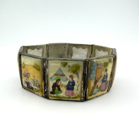 Vintage Antique Persian Miniature Painting Mother of Pearl Silver Bracelet