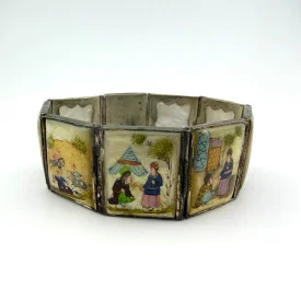 Vintage Antique Persian Miniature Painting Mother of Pearl Silver Bracelet