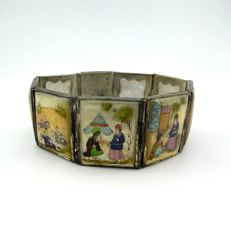 Vintage Antique Persian Miniature Painting Mother of Pearl Silver Bracelet