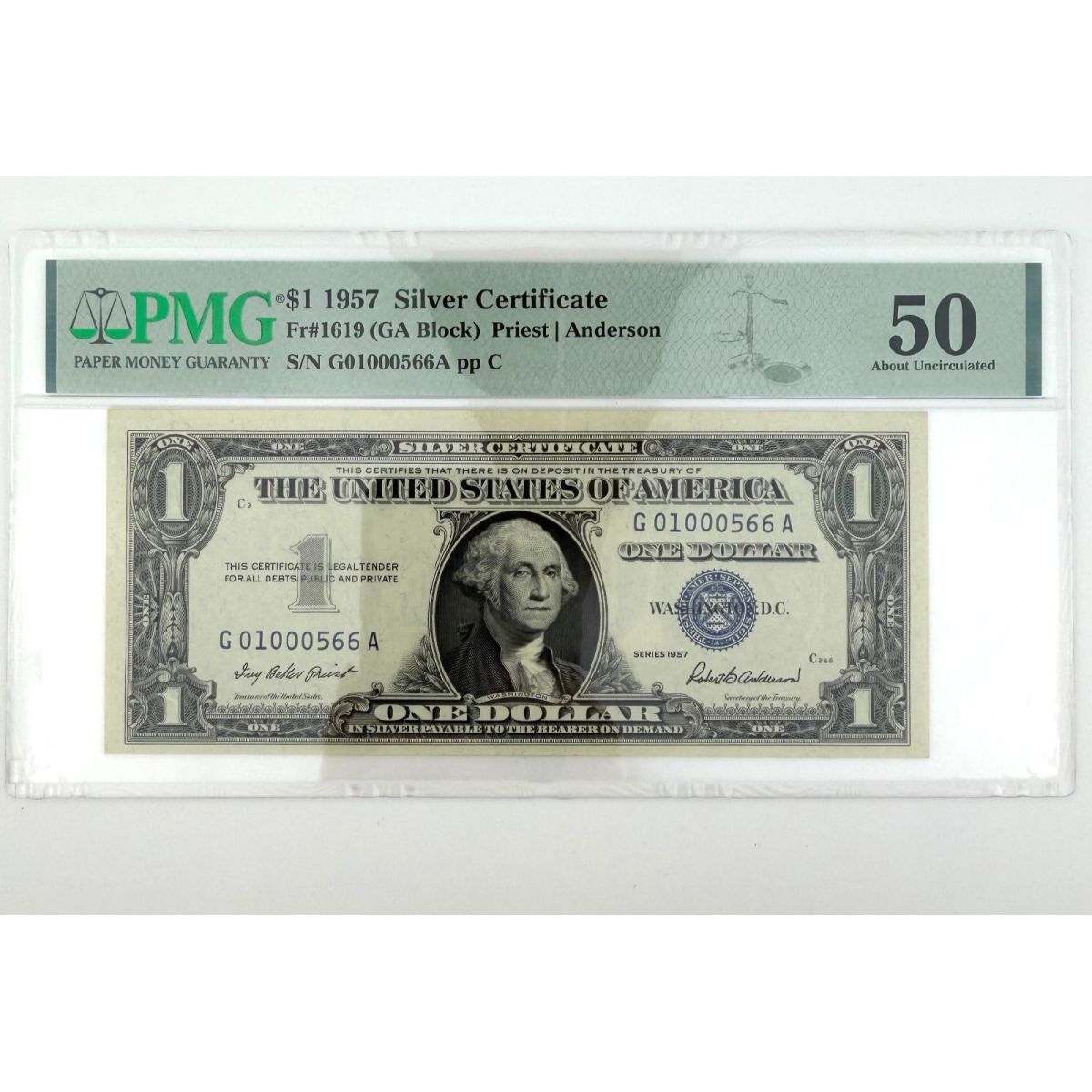 1957 $1 Silver Cert. Fr. 1619 GA Block PMG 50 AU  G01000566A Fancy Number