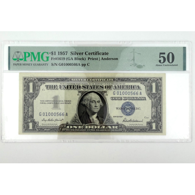1957 $1 Silver Cert. Fr. 1619 GA Block PMG 50 AU  G01000566A Fancy Number