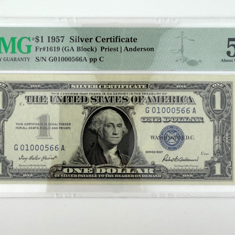1957 $1 Silver Cert. Fr. 1619 GA Block PMG 50 AU  G01000566A Fancy Number