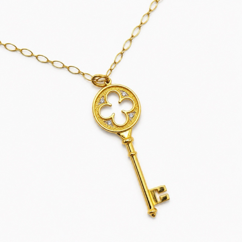 Tiffany & Co 18K White Gold Clover Diamond Key Pendant Ball Bead Chain Necklace