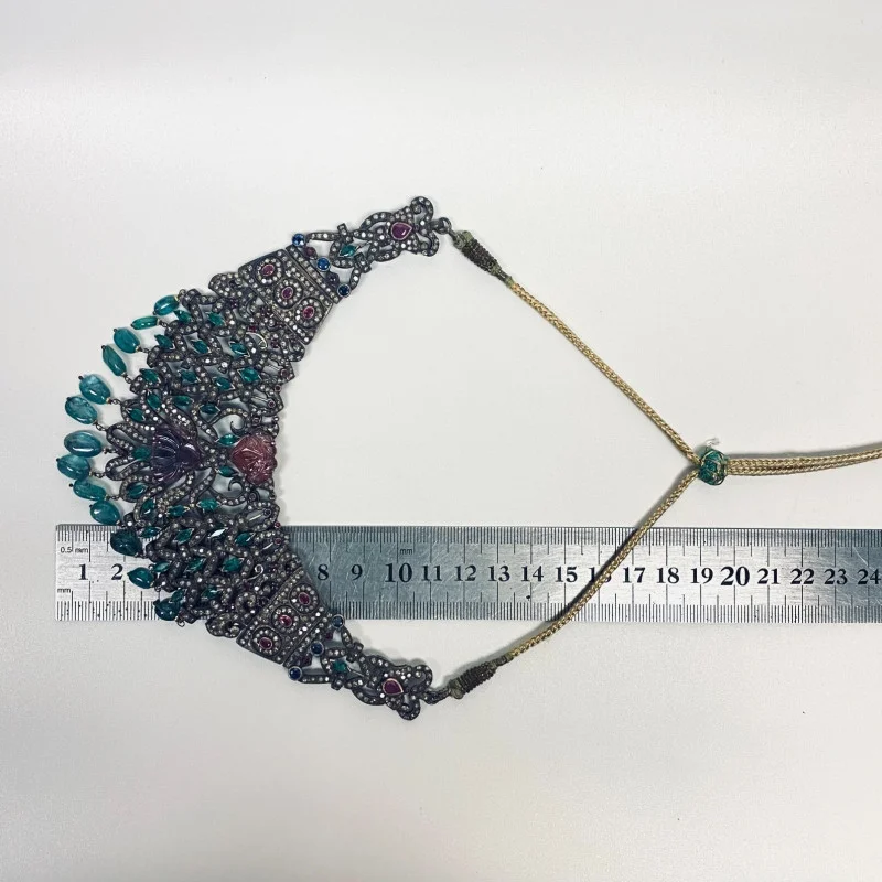 Antique Handmade Necklace and Earrings Diamond Tourmaline Ruby Emerald Sapphire