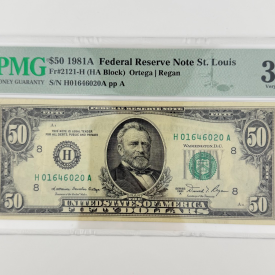 1981 $50 FRN New York Fr. 2110-H HA Block PMG 30 VF Ortega/Regan H01646020A