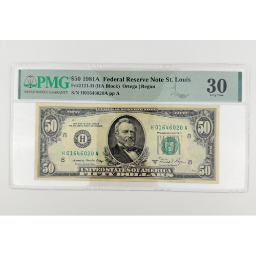 1981 $50 FRN New York Fr. 2110-H HA Block PMG 30 VF Ortega/Regan H01646020A 1981 $50 FRN New York Fr. 2110-H HA Block PMG 30 VF Ortega/Regan H01646020A