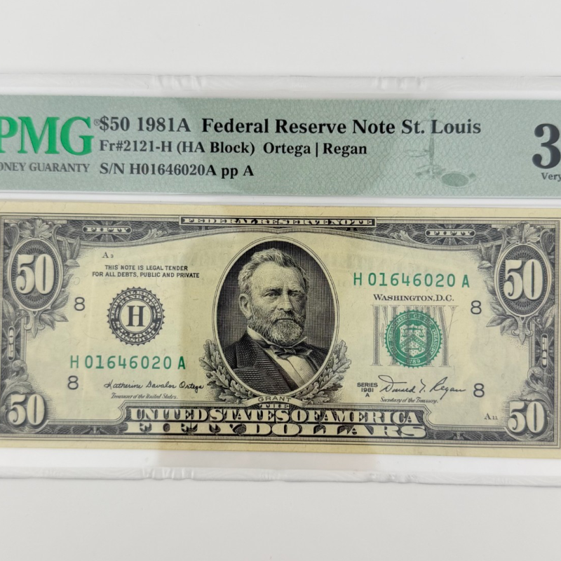 1981 $50 FRN New York Fr. 2110-H HA Block PMG 30 VF Ortega/Regan H01646020A