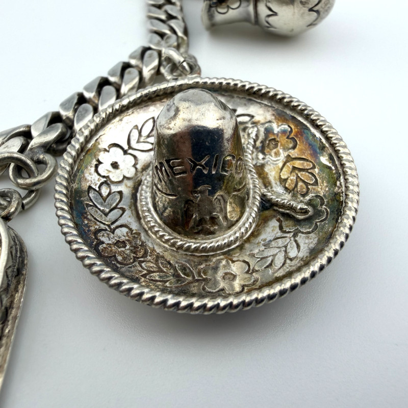 Vintage Sterling Silver Castelan Mexico Charm Link Southwestern Bracelet, 7”